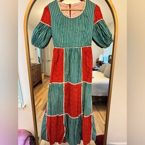 Green and Red Ruffled Tiered Sundress with Square Neck